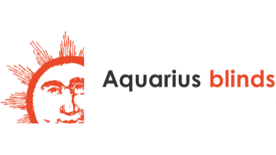 Logo with a partial orange sun illustration on the left and the words "Aquarius blinds" on the right, highlighting their Blind Shop expertise—"Aquarius" in black and "blinds" in orange.