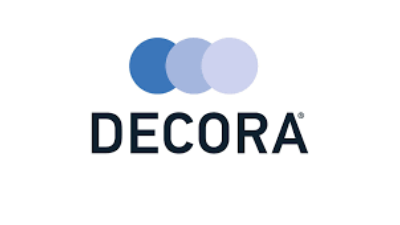 Logo with three overlapping circles in shades of blue above the word "DECORA" in bold, black capital letters on a white background, ideal for brands specializing in Perfect-Fit Blinds or Conservatory Blinds.