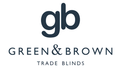 Logo for Green & Brown Trade Blinds, a Blind Shop, featuring large lowercase "gb" above "Green & Brown" and "Trade Blinds," all in dark blue text on a white background.
