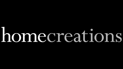 The word "homecreations" in a smooth, gradient gray font is centered on a solid black background, evoking the elegance of Conservatory Blinds.