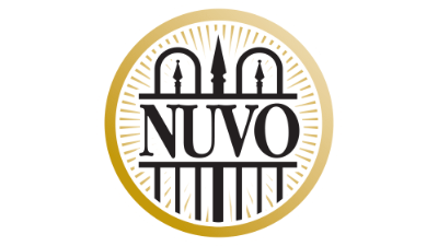 A circular logo with a gold border featuring the word “NUVO” in bold black letters, overlaid on a stylized gate design with sunburst lines—perfect for a Blind Shop specializing in Made to Measure Blinds.