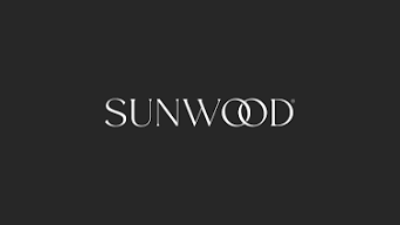 The word "SUNWOOD" is written in white, elegant, uppercase letters on a black background. The two "O"s in "WOOD" are interlocked, evoking the style of classic Wooden Shutters with a unique visual effect.